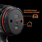 Black electrical outlet with USB port and car and wall charger attachments indicated on a black background